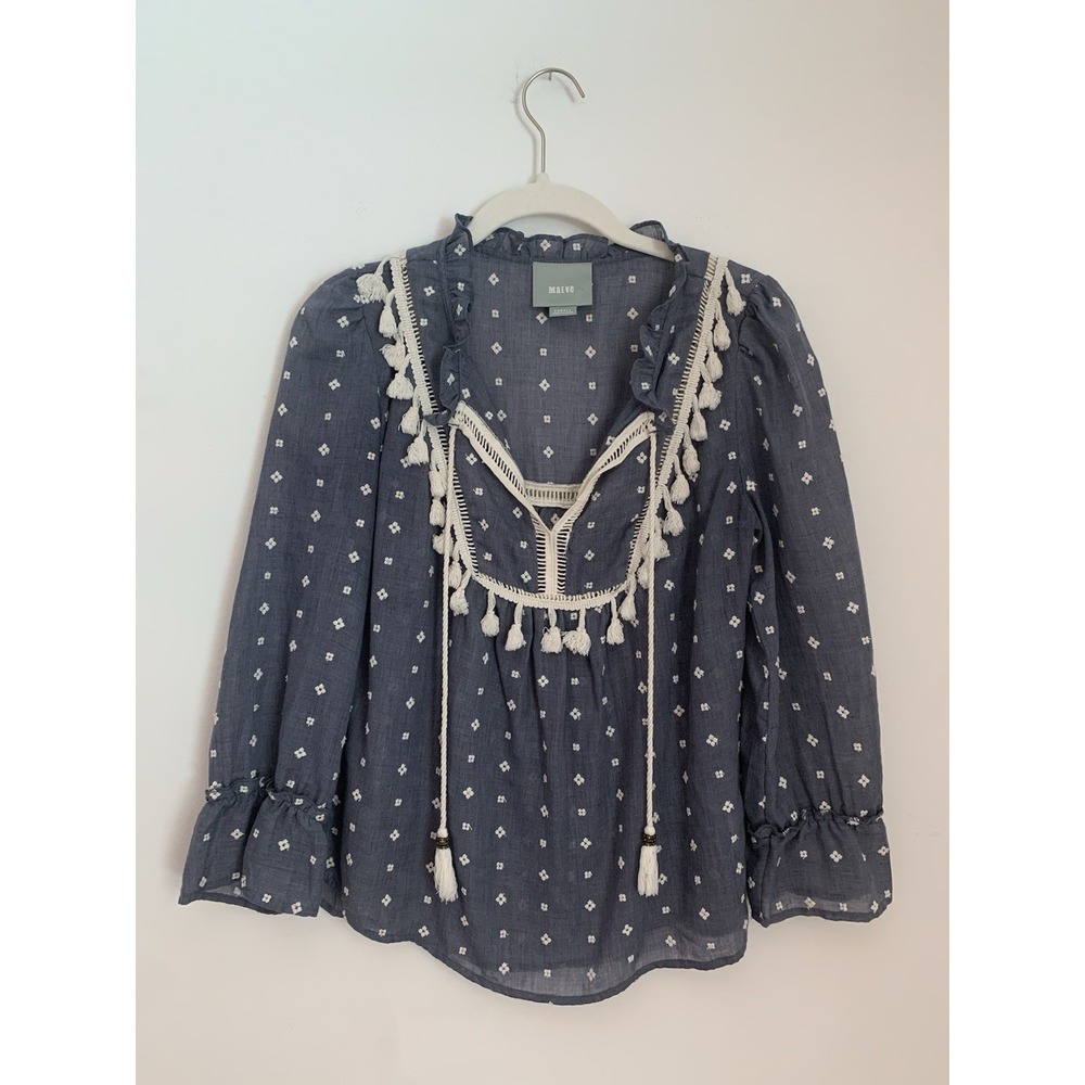 Anthropologie Maeve Sawyer Peasant Top Sz‎ XS Blue Tasseled Embroidered Ruffle